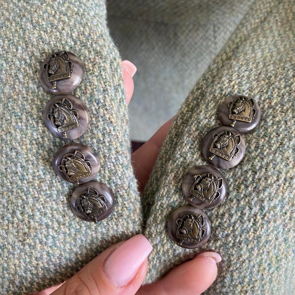 Vintage Lauren Ralph Lauren Green Herringbone Wool Tweed Equestrian Blazer - Picture 7 of 8